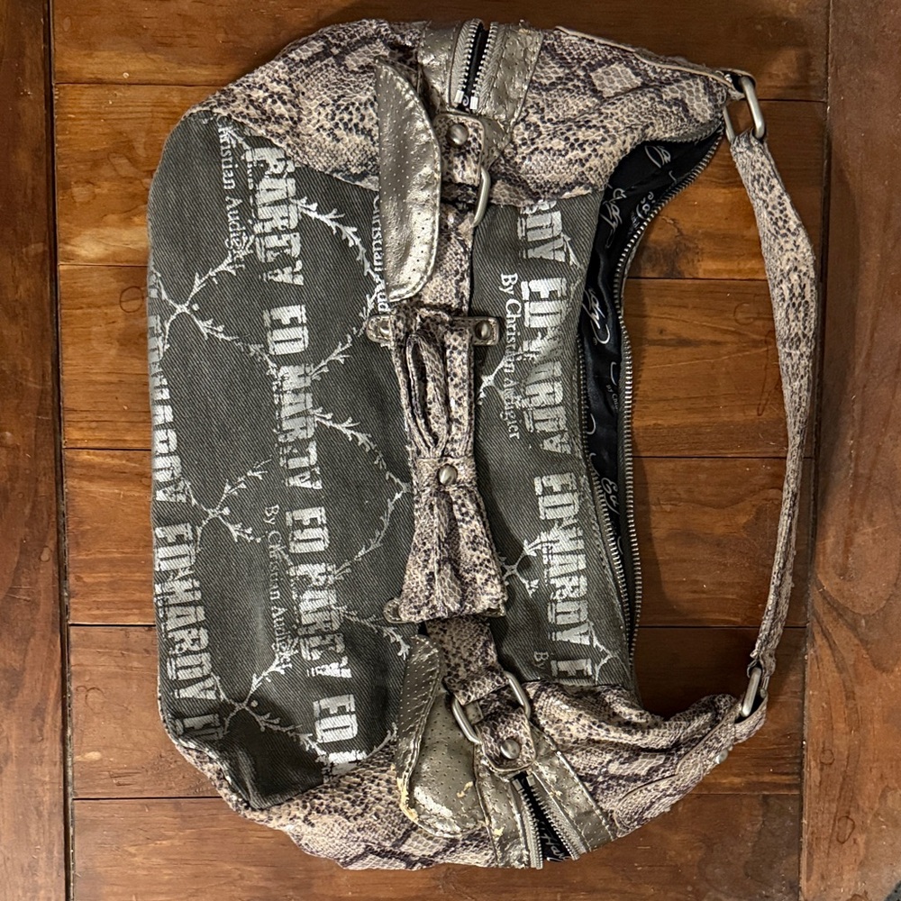 Christian Audigier Olive Canvas Shoulder Bag with Snakeskin Trim